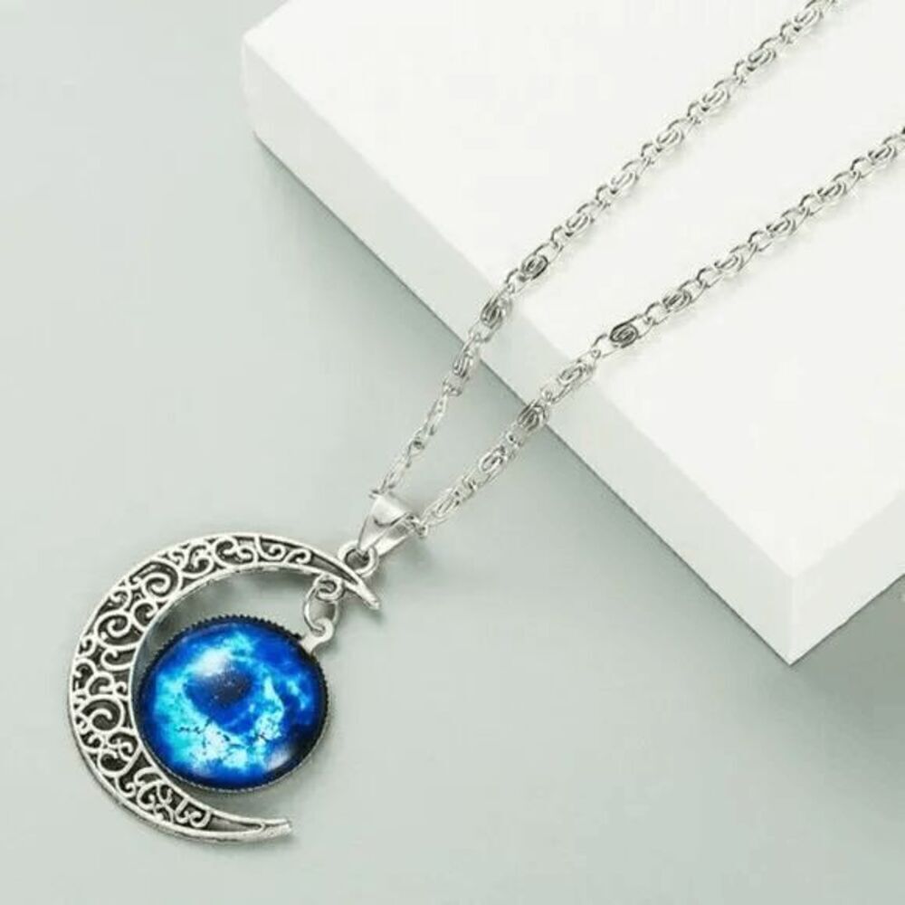 Ladies Blue Crescent Moon Galaxy Necklace - Picture 2 of 3